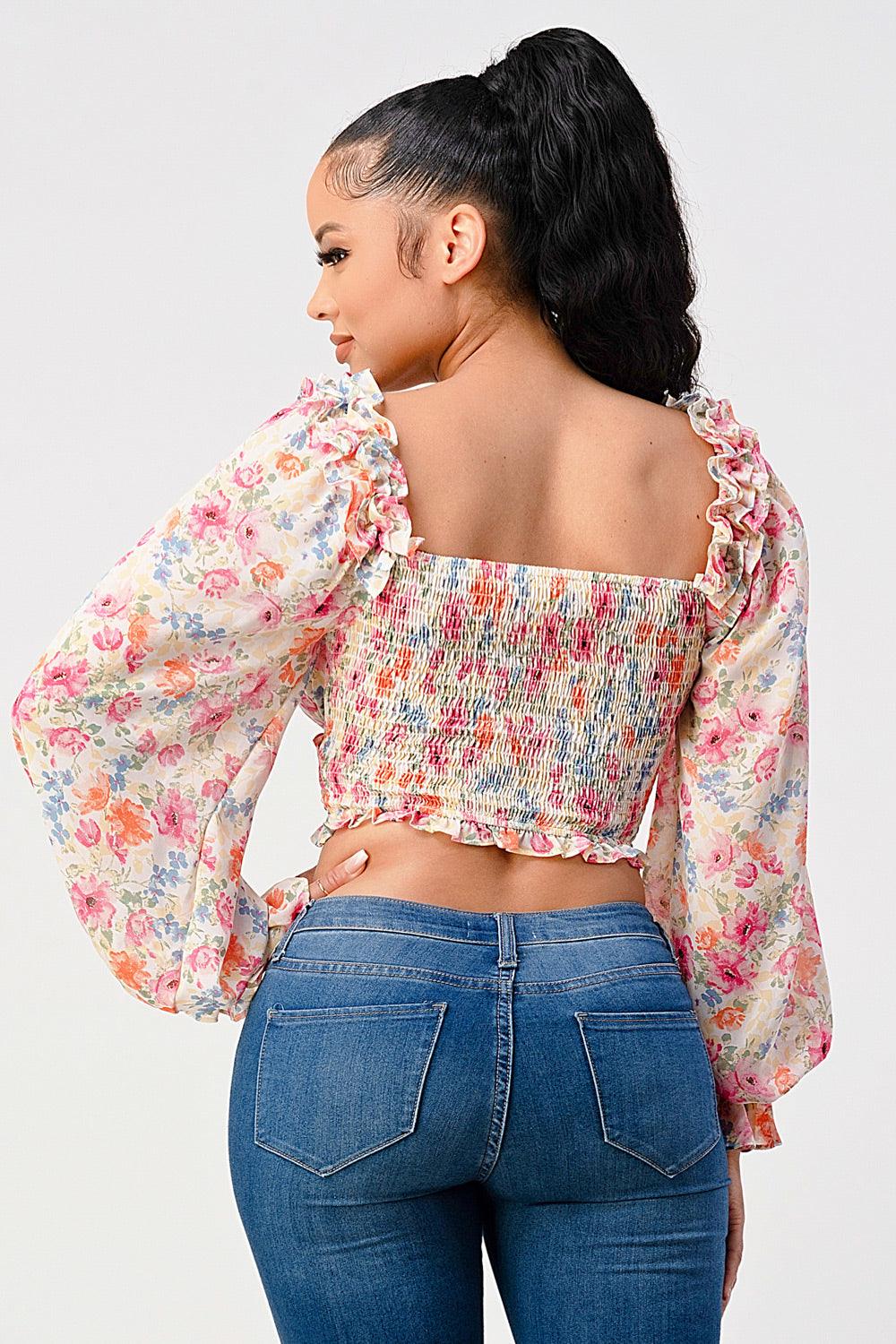 Chic Floral Sweetheart Smocked Body Blouse Top | Mixtshop LLC