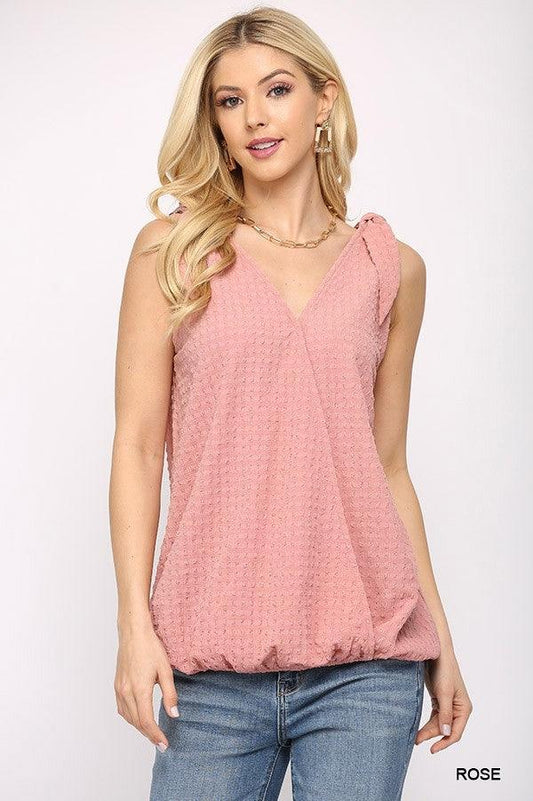 Solid Textured And Sleeveless Surplice Top With Shoulder Tie | Mixtshop LLC