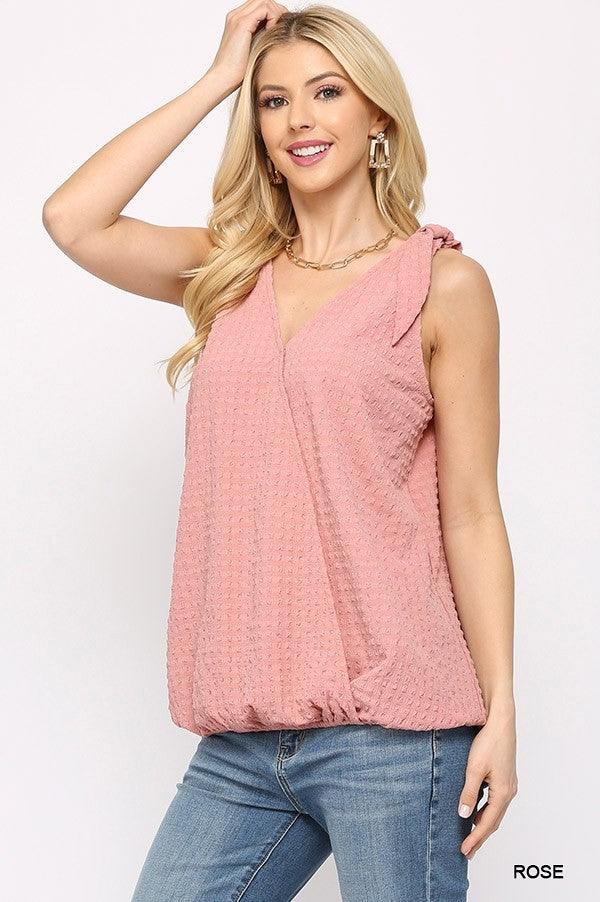 Solid Textured And Sleeveless Surplice Top With Shoulder Tie | Mixtshop LLC