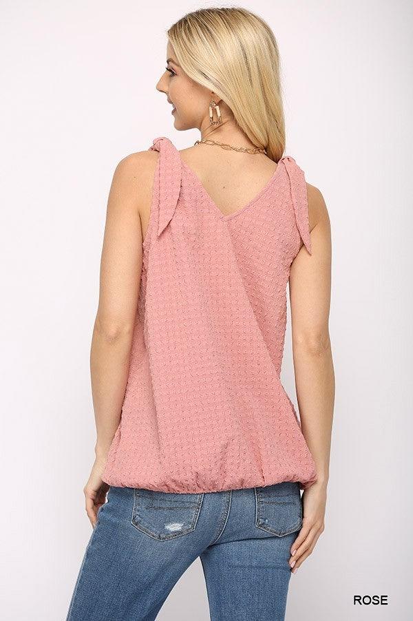 Solid Textured And Sleeveless Surplice Top With Shoulder Tie | Mixtshop LLC