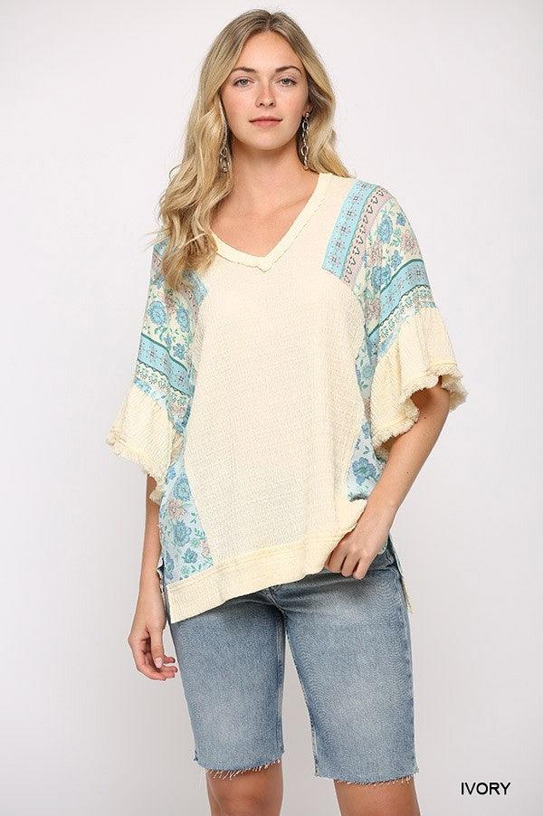 Texture Knit And Print Mixed Hi Low Hem Top | Mixtshop LLC