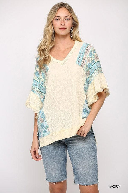 Texture Knit And Print Mixed Hi Low Hem Top | Mixtshop LLC