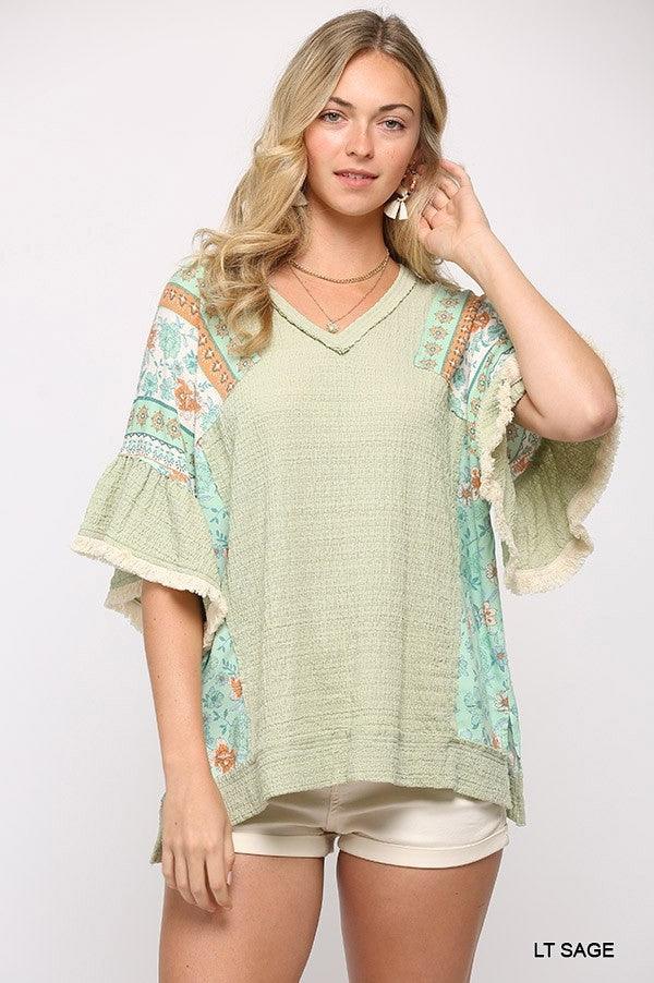 Texture Knit And Print Mixed Hi Low Hem Top | Mixtshop LLC