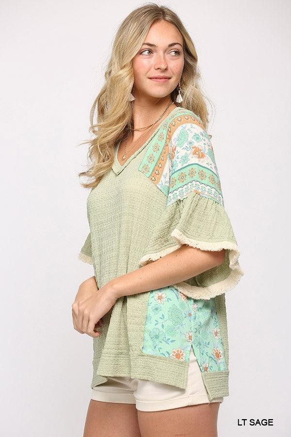 Texture Knit And Print Mixed Hi Low Hem Top | Mixtshop LLC