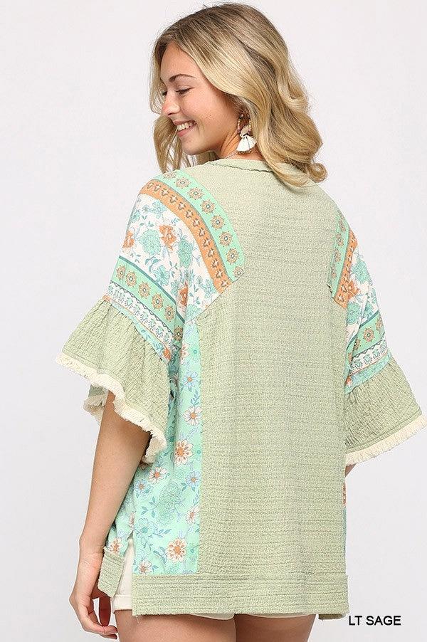 Texture Knit And Print Mixed Hi Low Hem Top | Mixtshop LLC