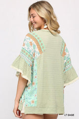 Texture Knit And Print Mixed Hi Low Hem Top | Mixtshop LLC