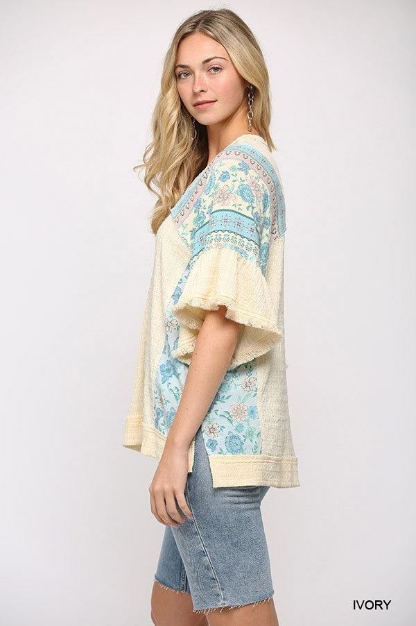 Texture Knit And Print Mixed Hi Low Hem Top | Mixtshop LLC