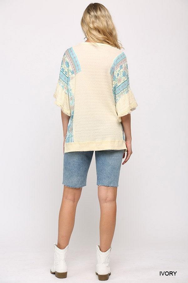 Texture Knit And Print Mixed Hi Low Hem Top | Mixtshop LLC