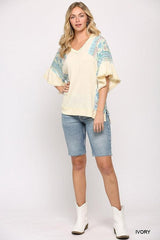 Texture Knit And Print Mixed Hi Low Hem Top | Mixtshop LLC