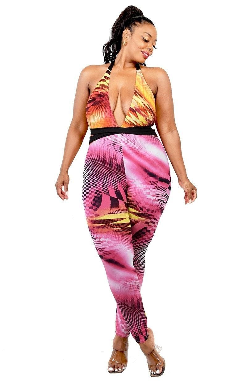 Plus Color Pattern Criss Cross Mock Neck Jumpsuit | Mixtshop LLC