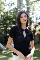 Mesh Ruched Cut-out Detail Short Sleeve Top | Mixtshop LLC