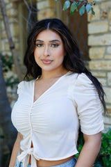 Mesh Button Up Self-tie Detail Ruched Short Sleeve Crop Top | Mixtshop LLC