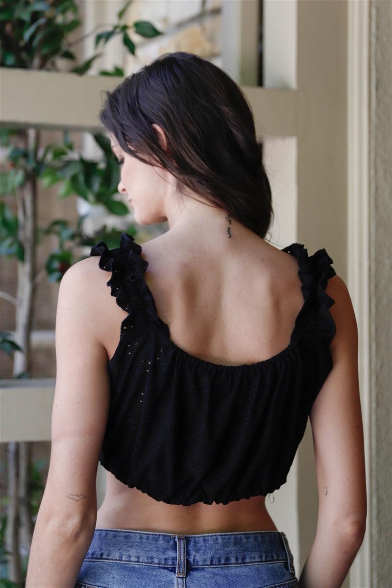 Embroidered Ruffle Trim Strap Sleeveless Crop Top | Mixtshop LLC