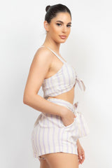 Tie-front Striped Crop Top & Belted Shorts Set | Mixtshop LLC