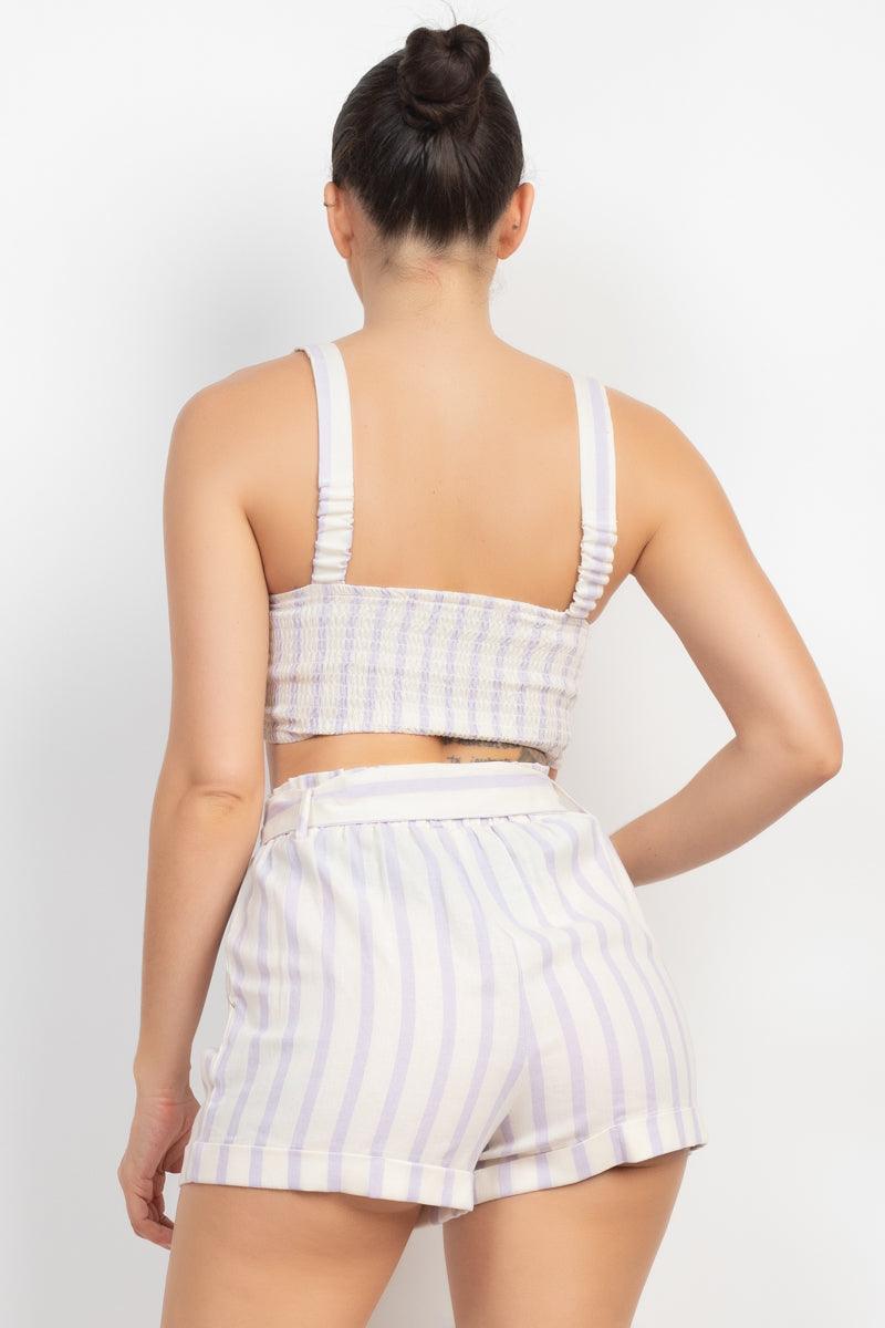 Tie-front Striped Crop Top & Belted Shorts Set | Mixtshop LLC