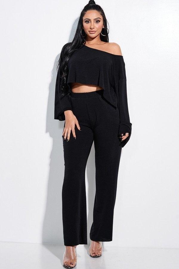 Solid French Terry Long Slouchy Long Sleeve Top And Pants With Pockets Two Piece Set | Mixtshop LLC