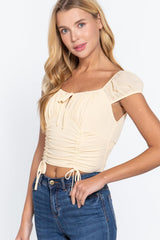 Short Sleeve Front Tie Ruched Detail Woven Top | Mixtshop LLC