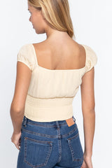 Short Sleeve Front Tie Ruched Detail Woven Top | Mixtshop LLC
