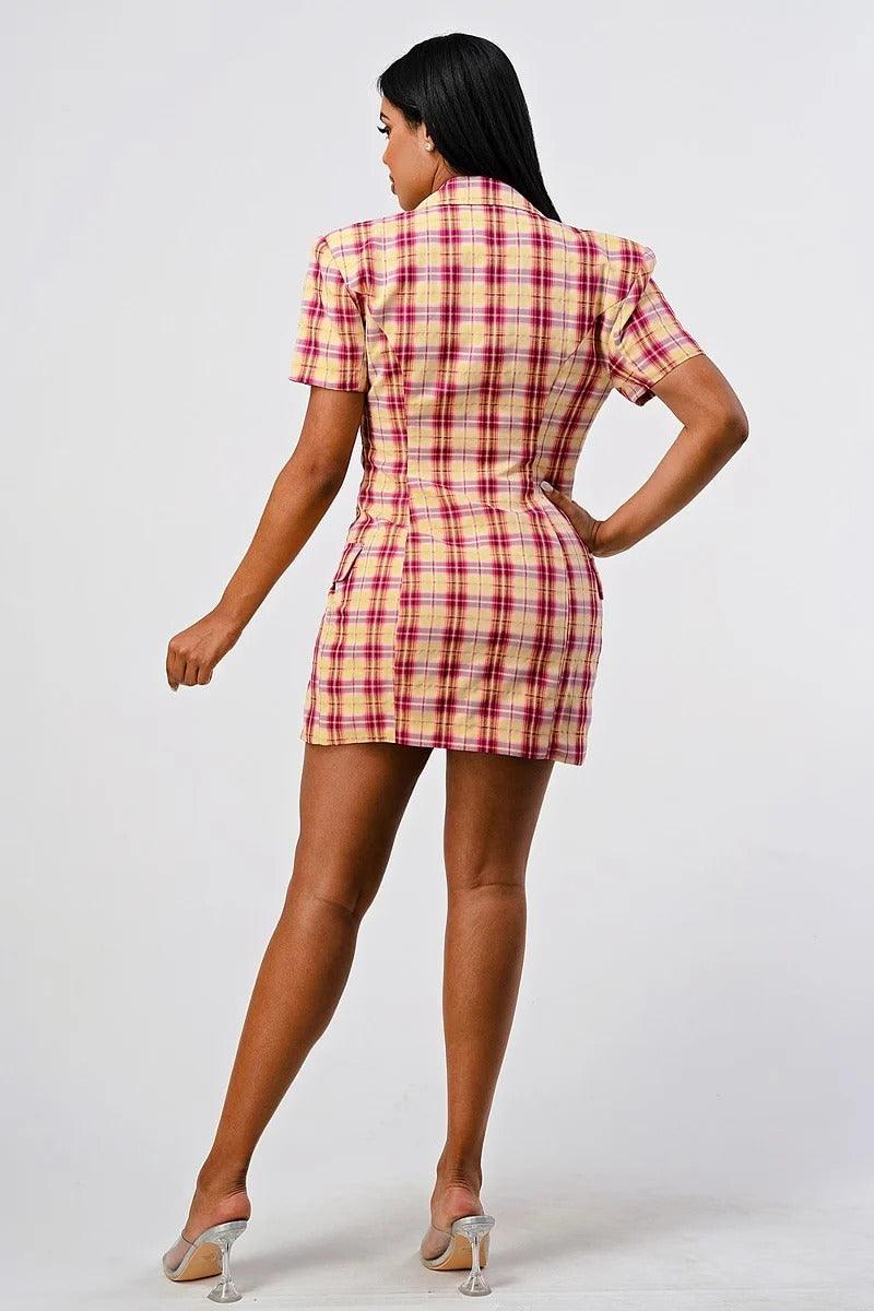 Wide Collared Double Breasted Plaid Blazer Mini Dress | Mixtshop LLC