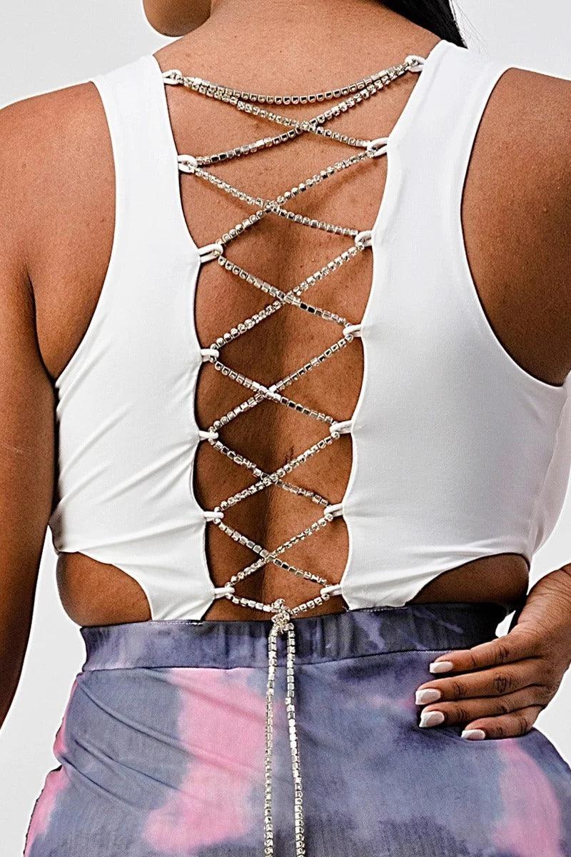 White Sleeveless Top With Detachable Rhinestone Cross Open Back With Bodycon Tie Dye Ruched Mini Dress | Mixtshop LLC