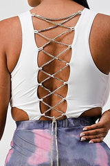 White Sleeveless Top With Detachable Rhinestone Cross Open Back With Bodycon Tie Dye Ruched Mini Dress | Mixtshop LLC