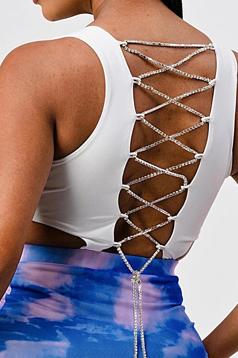 White Sleeveless Top With Detachable Rhinestone Cross Open Back With Bodycon Tie Dye Ruched Mini Dress | Mixtshop LLC