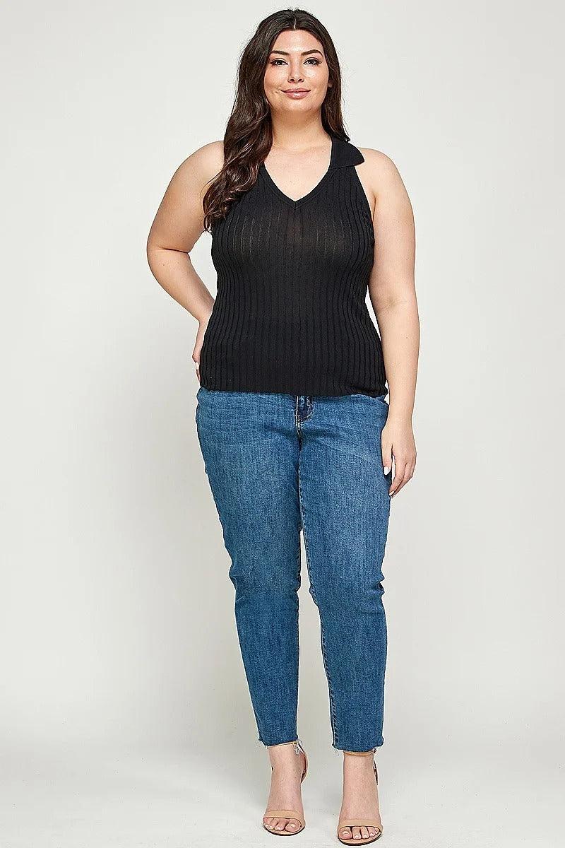 Plus Size, Solid Ribbed Knit Polo Sleeveless Top | Mixtshop LLC