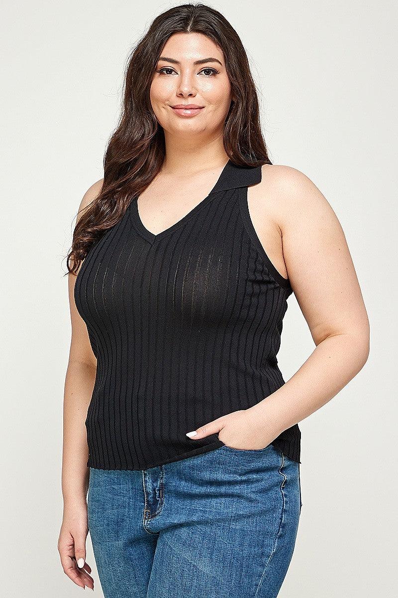 Plus Size, Solid Ribbed Knit Polo Sleeveless Top | Mixtshop LLC