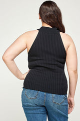 Plus Size, Solid Ribbed Knit Polo Sleeveless Top | Mixtshop LLC