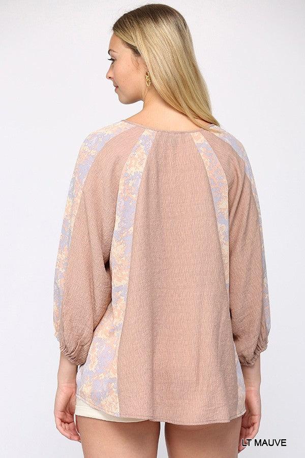 Solid Crinkle And Print Mix Raglan Sleeve Top With Tassel Tie | Mixtshop LLC