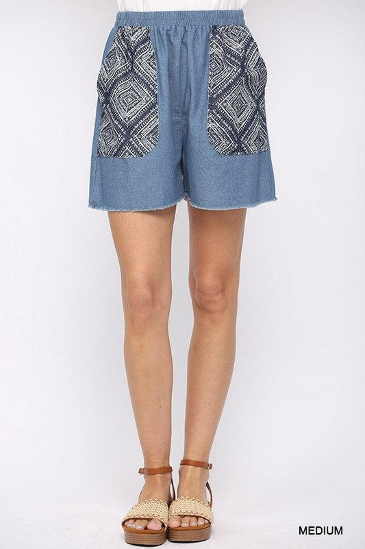 Denim And Print Pockets Elastic Waist Shorts With Raw Hem | Mixtshop LLC