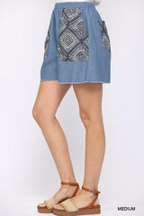 Denim And Print Pockets Elastic Waist Shorts With Raw Hem | Mixtshop LLC