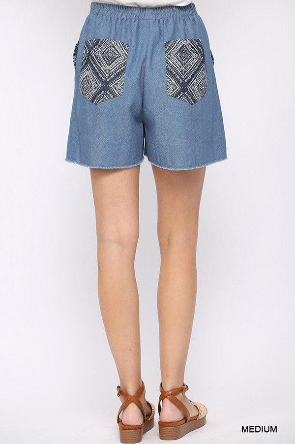 Denim And Print Pockets Elastic Waist Shorts With Raw Hem | Mixtshop LLC