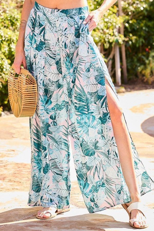 Back Elastic Waist Band Side Pockets Pleat Side Open Slit Tropical Print Pants | Mixtshop LLC