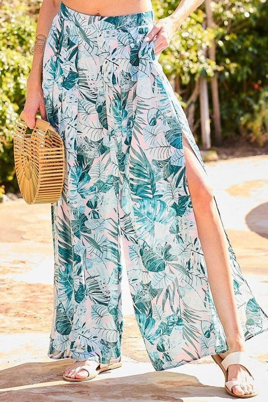 Back Elastic Waist Band Side Pockets Pleat Side Open Slit Tropical Print Pants | Mixtshop LLC
