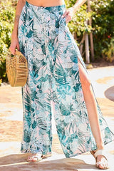Back Elastic Waist Band Side Pockets Pleat Side Open Slit Tropical Print Pants | Mixtshop LLC