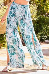 Back Elastic Waist Band Side Pockets Pleat Side Open Slit Tropical Print Pants | Mixtshop LLC