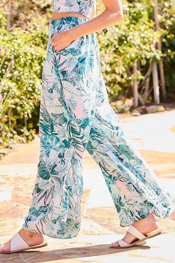 Back Elastic Waist Band Side Pockets Pleat Side Open Slit Tropical Print Pants | Mixtshop LLC
