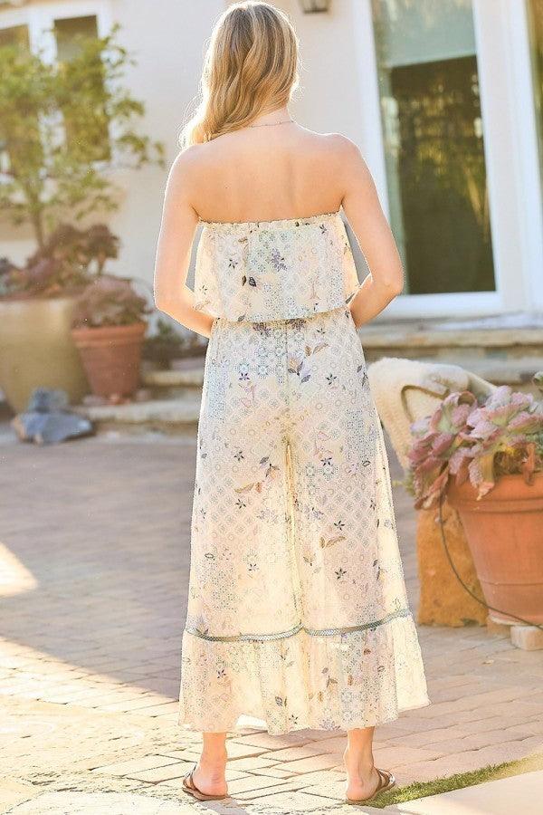 Tube Top With Tier Ruffle Waist Elastic Bottom Lace Trim Jumpsuit | Mixtshop LLC