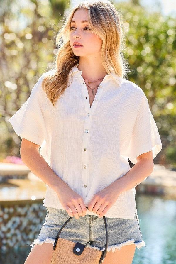 Collar Neck Button Down Sides Slit Oversized Solid Shirt Top | Mixtshop LLC