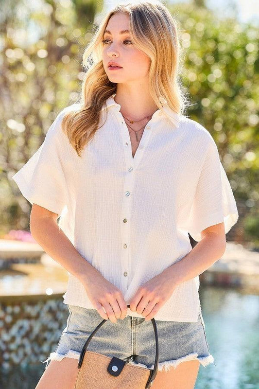 Collar Neck Button Down Sides Slit Oversized Solid Shirt Top | Mixtshop LLC