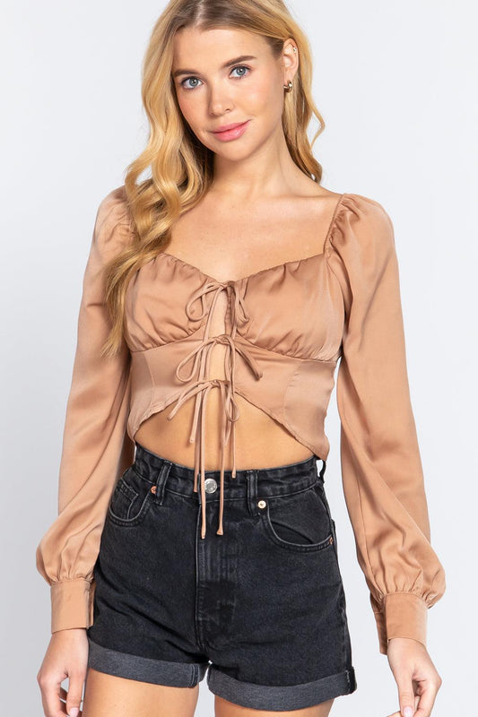 Long Sleeve Sweetheart Neck Front Ribbon Tie Detail Woven Top | Mixtshop LLC