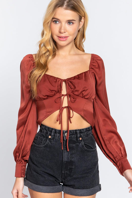 Long Sleeve Sweetheart Neck Front Ribbon Tie Detail Woven Top | Mixtshop LLC