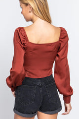Long Sleeve Sweetheart Neck Front Ribbon Tie Detail Woven Top | Mixtshop LLC