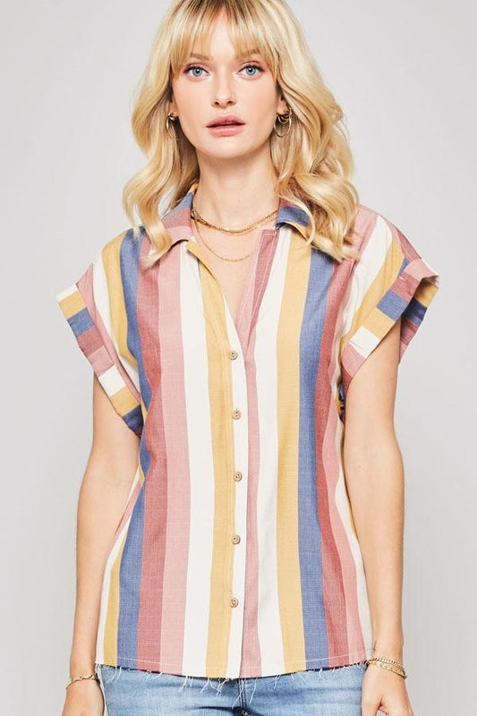 A Woven Shirt In Multicolor Striped With Collared Neckline | Mixtshop LLC