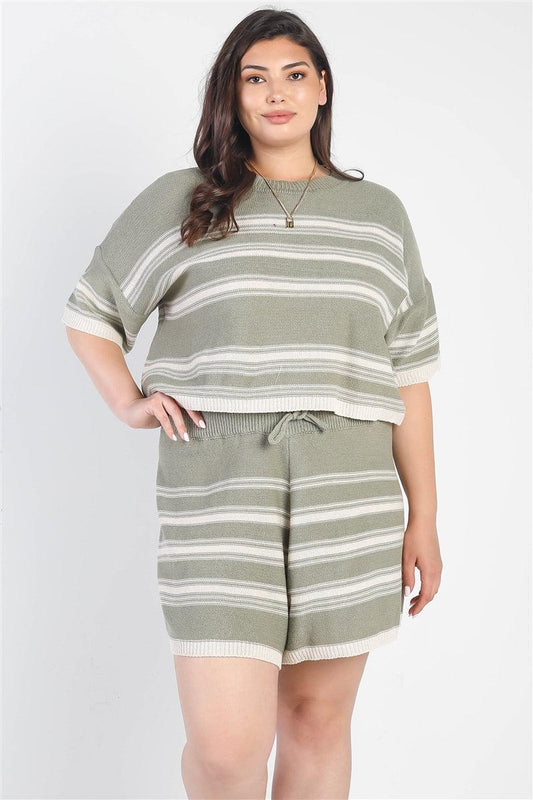 Plus Olive Striped Knit Short Sleeve Crop Top High Waist Shorts Set | Mixtshop LLC