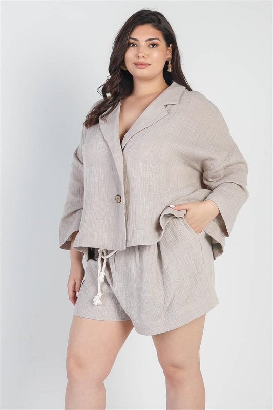 Plus Grey Button-up Collared Neck Blazer High Waist Shorts Set | Mixtshop LLC