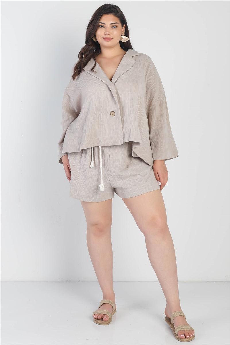 Plus Grey Button-up Collared Neck Blazer High Waist Shorts Set | Mixtshop LLC