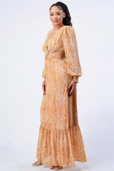 Printed V Neck Self Belted Side Cut Out Ruffled Maxi Dress | Mixtshop LLC