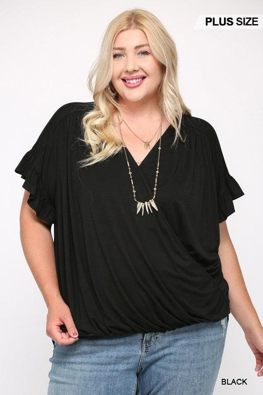 Solid Viscose Knit Surplice Top With Ruffle Sleeve | Mixtshop LLC